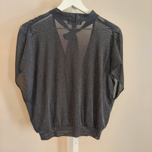 Forever 21 Semi Sheer Blouse Top Medium Black Sparkle Dazzle Faux Wrap Tie Neck - Picture 7 of 7